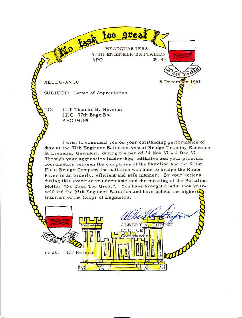 LTC Albert A. Dupont, Letter of Appreciation to 1LT Thomas B. Heverin, 8 Dec 1967