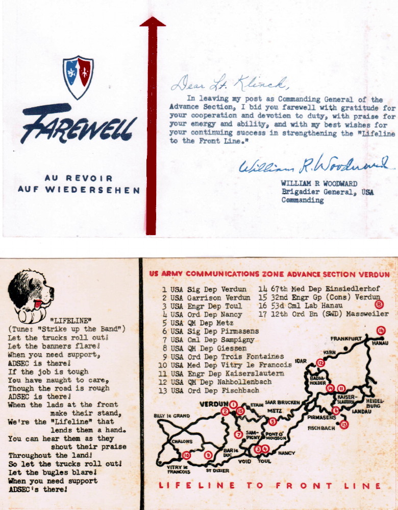 Official farewell card given to Daniel Klinck as he departed France