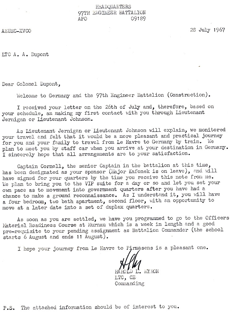 LTC Harold L. Myron letter of welcome to LTC Albert A. Dupont, commanding officer designate, 97th Engineer Battalion (Construction), 1967