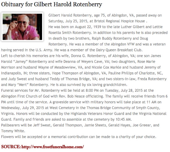 Gilbert Harold Rotenberry, deceased 25 July 2015