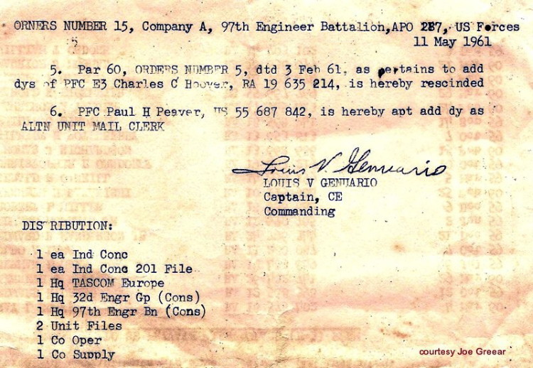 Special Order 15, dated 11 May 1961, Co. D, 97th Engr Bn (Const)