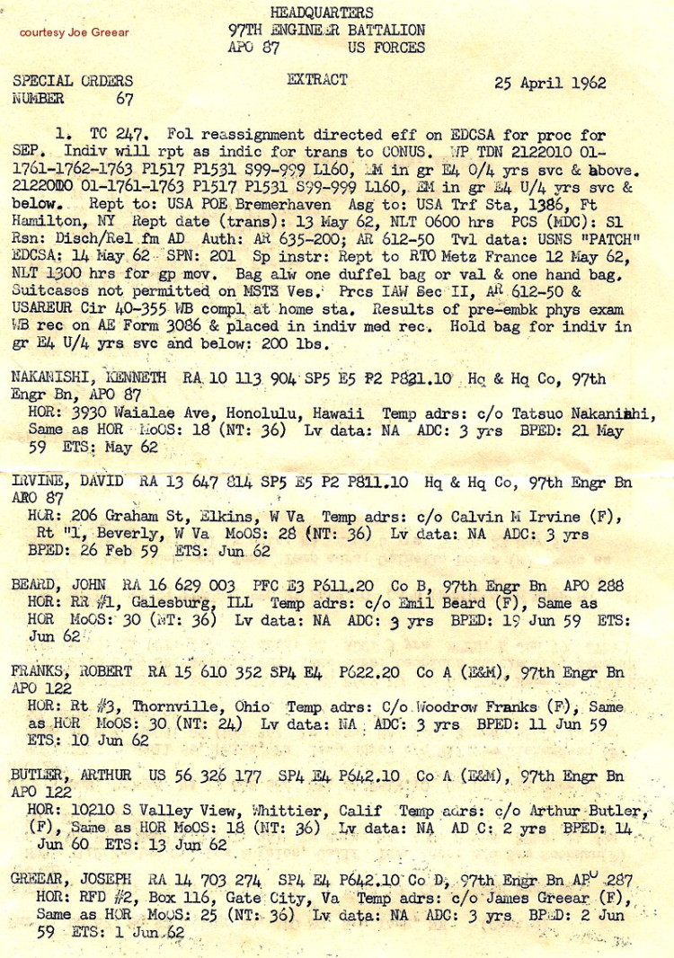 SO 67, dated 25 April 1962, 97th Engr Bn (Const), page 1