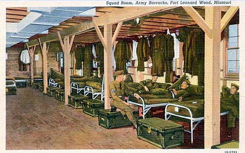 Postcard of Fort Leonard squad barrack interior - circa 1942