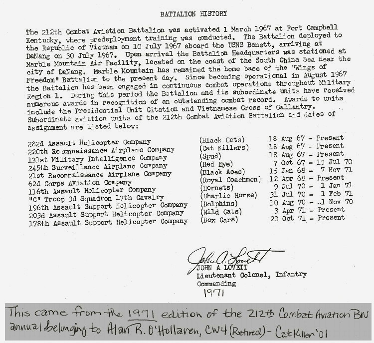 212th Combat Aviation Battalion letter by LTC John A. Lovett, Commanding