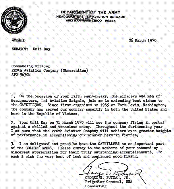 Letter from BG Putnam, 1970