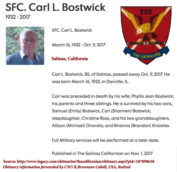 Obituary, SFC Carl L. Bostwick