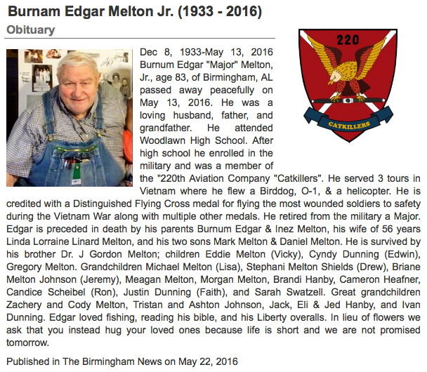 MAJ Burnam E. Melton, Jr., obituary written by his granddaughter, Stephani