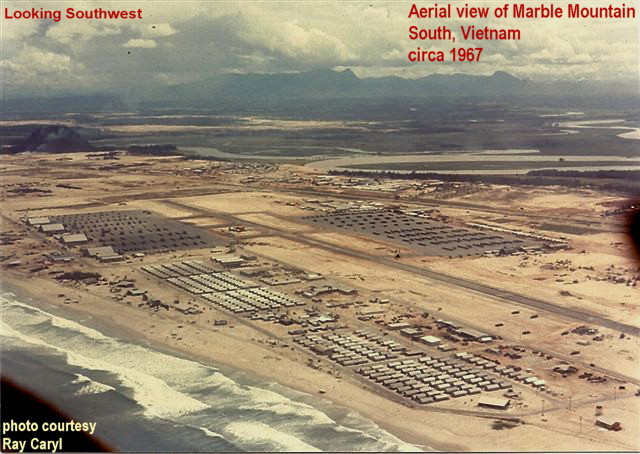 Aerial view of Marble Mountain, Vietnam, circa 1967