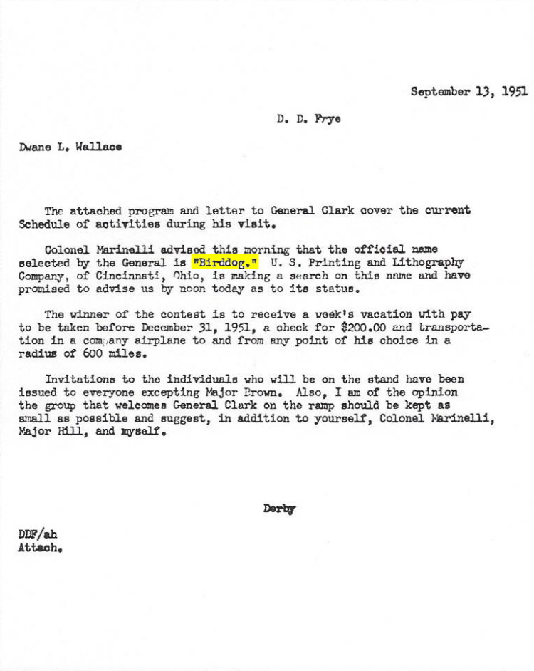 copy of letter from Derby D.Frye to Dwane L. Wallace regarding selected name for L-19