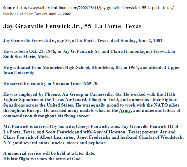 Obituary for Jay Granville Fenwick, Jr., Catkiller 22