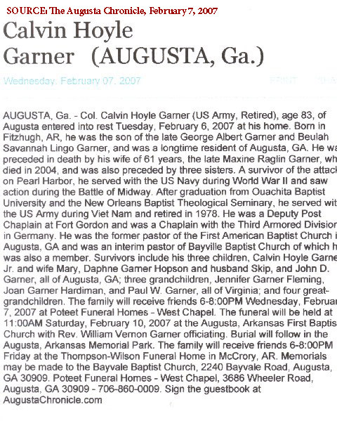 Chaplain Calvin Garner obituary. He was the chaplain who conducted CPT Garth's memorial service at Quang Ngai