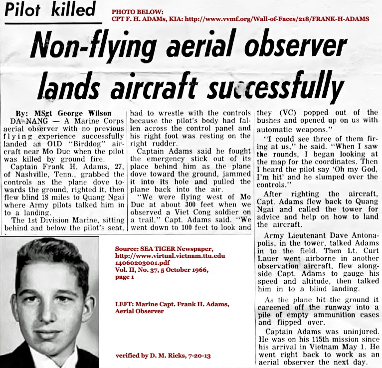 Aerial Observer Captain Frank Houston Adams lands Birddog after pilot killed