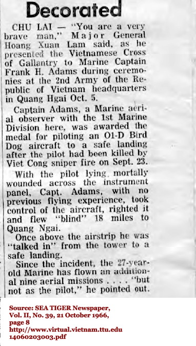 Aerial Observer Captain Frank H. Adams, Vietnamese Cross of Gallantry