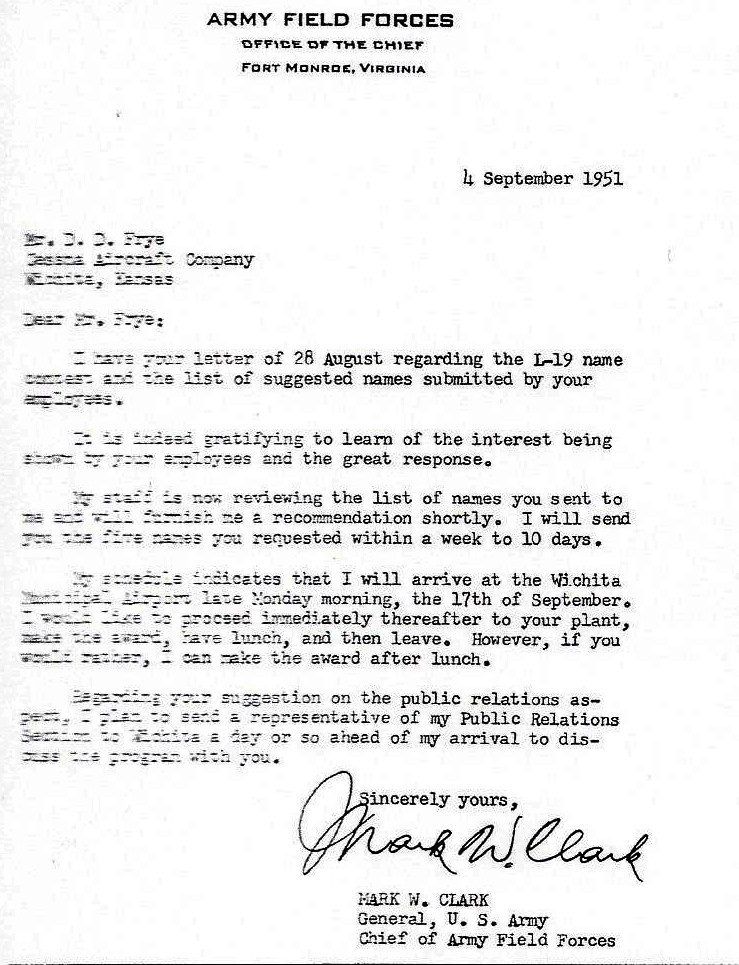 copy of letter from General Mark W. Clark to Derby Frye, Cessna Aircraft Company