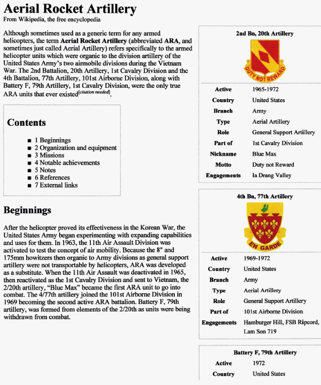 Aerial Rocket Artillery information sheet