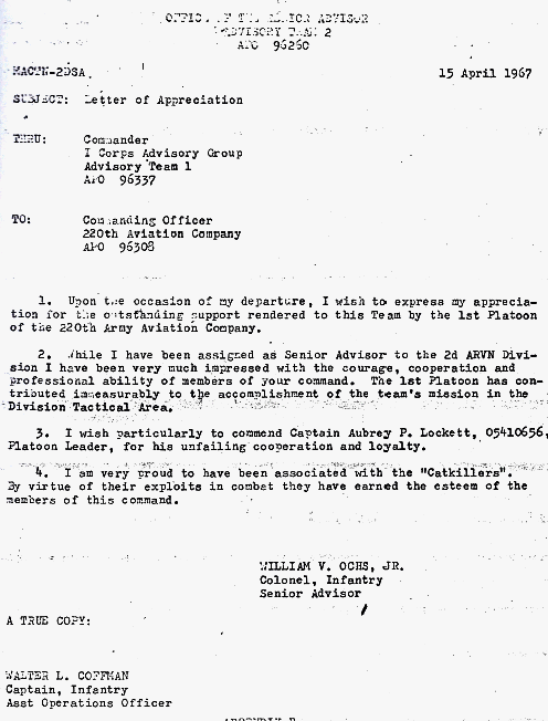 Letter of Appreciation, Colonel Ochs, 1967