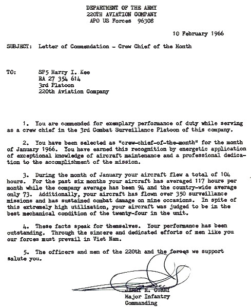 Timely Letter of Commendation to SP4 Harry I. Kee from MAJ Jerry R. Curry
