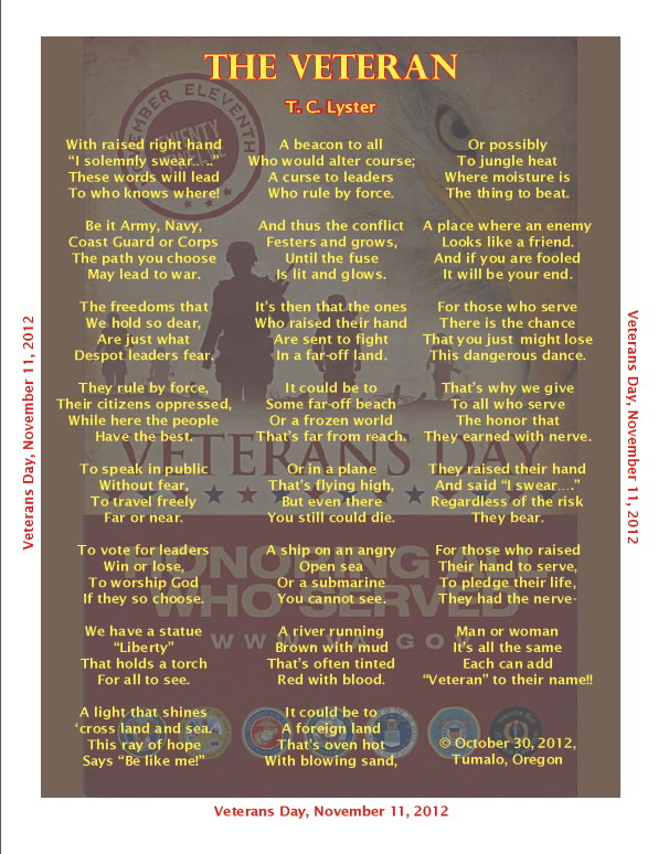 The Veteran, a poem by T. C. Lyster, copyright 2012