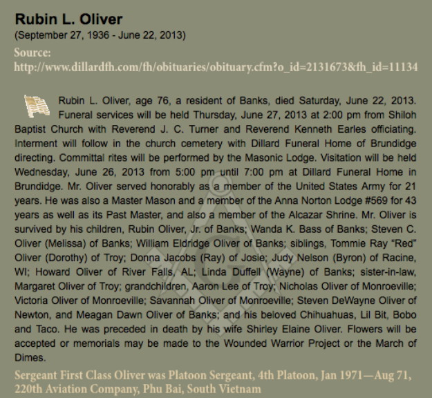 Obituary, Rubin L. Oliver, Banks, Alabama, 22 June 2013