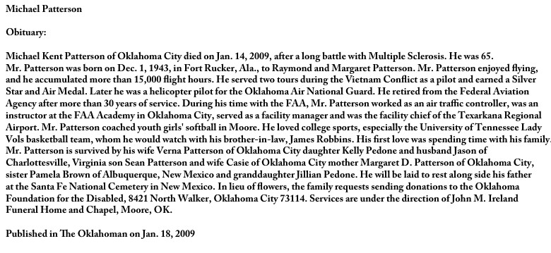 Michael Kent Patterson, obituary, 2009