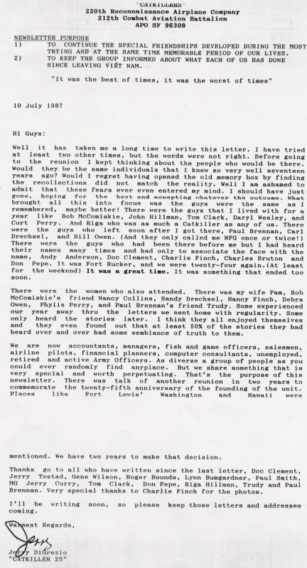 1987 Catkiller Reunion Letter