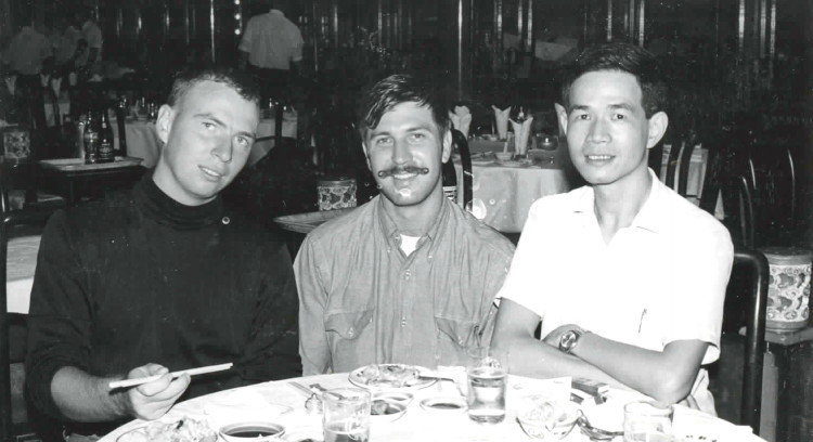 On R and R, L-R, Mike Sharkey, Henry Milam, unknown Vietnamese