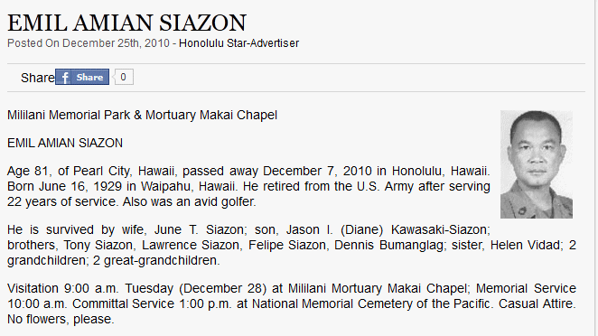 Obituary, Emil Amian Siazon, December 2010, Hiawaii