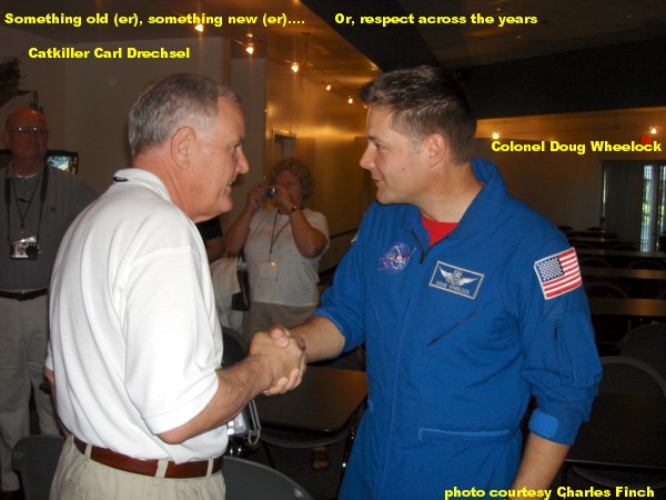 Carl Drechsel greeting Colonal Doug Wheelock, Johnson Space Center