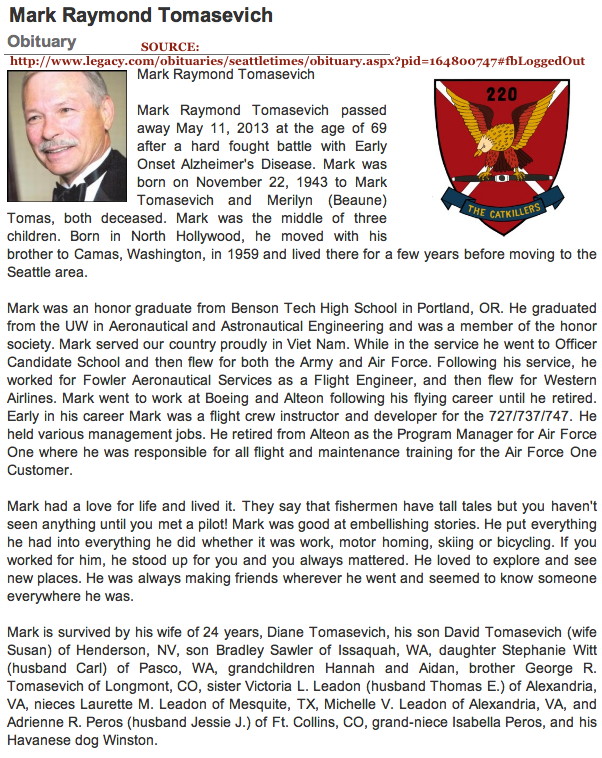 Mark Raymond Tomasevich obituary, May 13, 2013