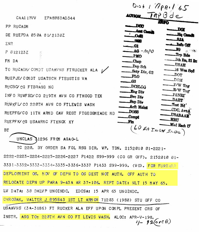 Reassignment orders, 1LT Walter J. Chrobak, 1965