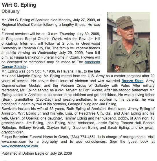 Obituary, Master Sergeant Wirt G. Epling, deceased 27 July 2009