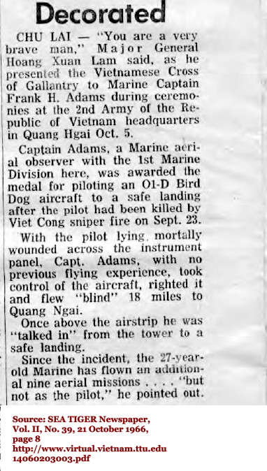 Aerial Observer Captain Frank H. Adams, Vietnamese Cross of Gallantry Aerial Observer Captain Frank H. Adams, Vietnamese Cross of Gallantry