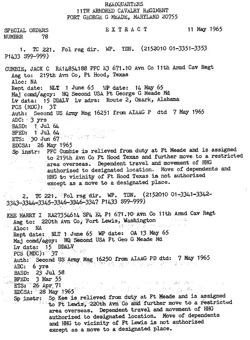 11th ACR Special Order 78 directing SP4 Harry I. Kee to depart and join the 220th Avn Co, 1965