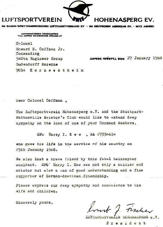 Letter of condolence from the Aviator's Club president to the commander of 540th Engineer Group, courtesy of Gerene Kee