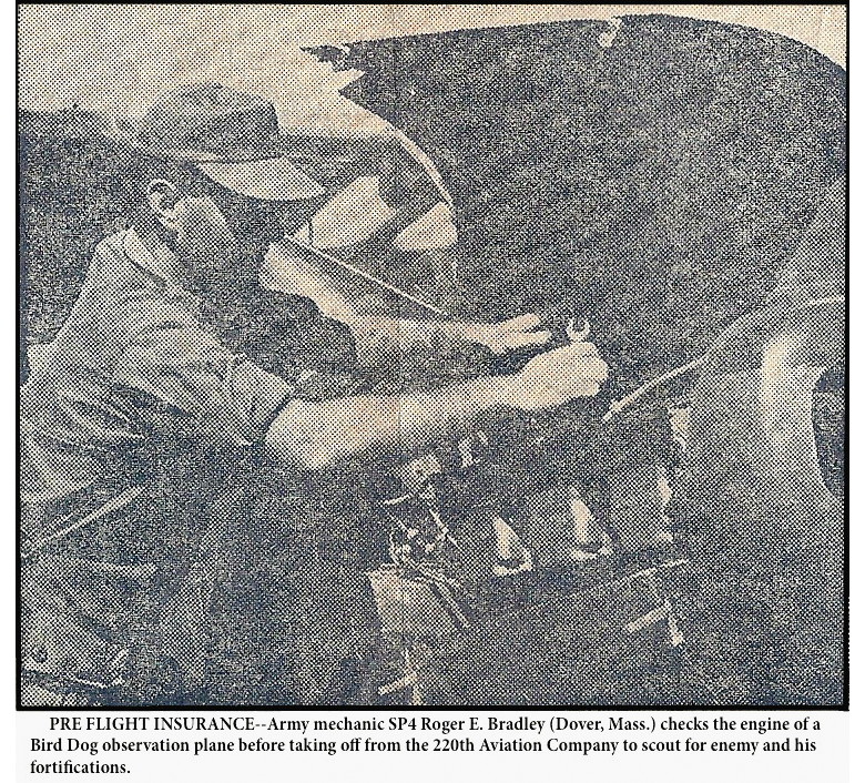 SP4 Joseph Roger E. Bradley working on the engine of a mission Birddog before departure