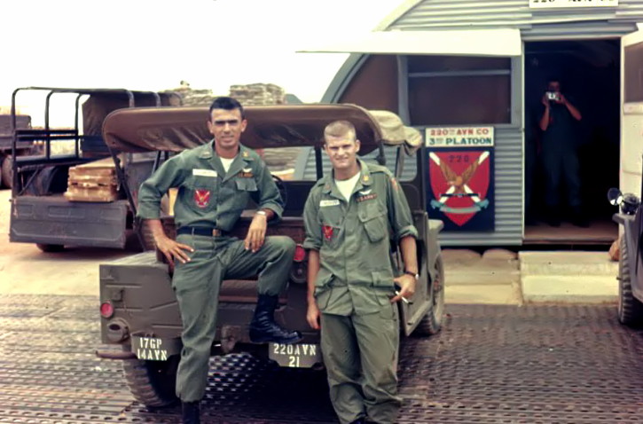 CW2 Ron de los Santos and WO1 Don Medley, 220th Avn Co, 3rd Plat, 1966. Photo by Roger Putnam