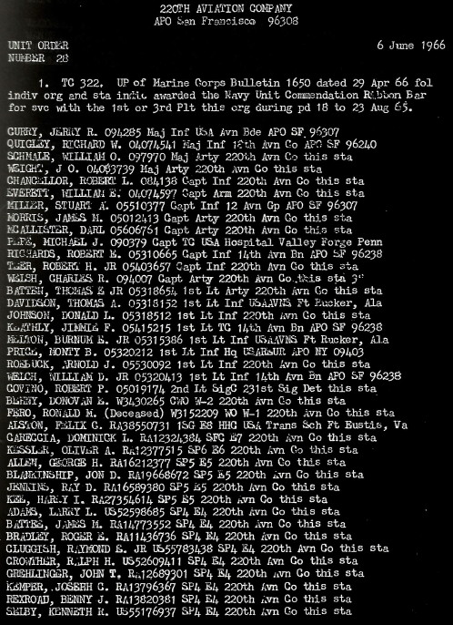 220th Avn Co Unit Order 28, 6 June 1966